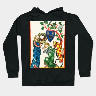 KNIGHT BEING ARMED BY HIS LADY ,MEDIEVAL MINIATURE WITH WILD ROSES Hoodie